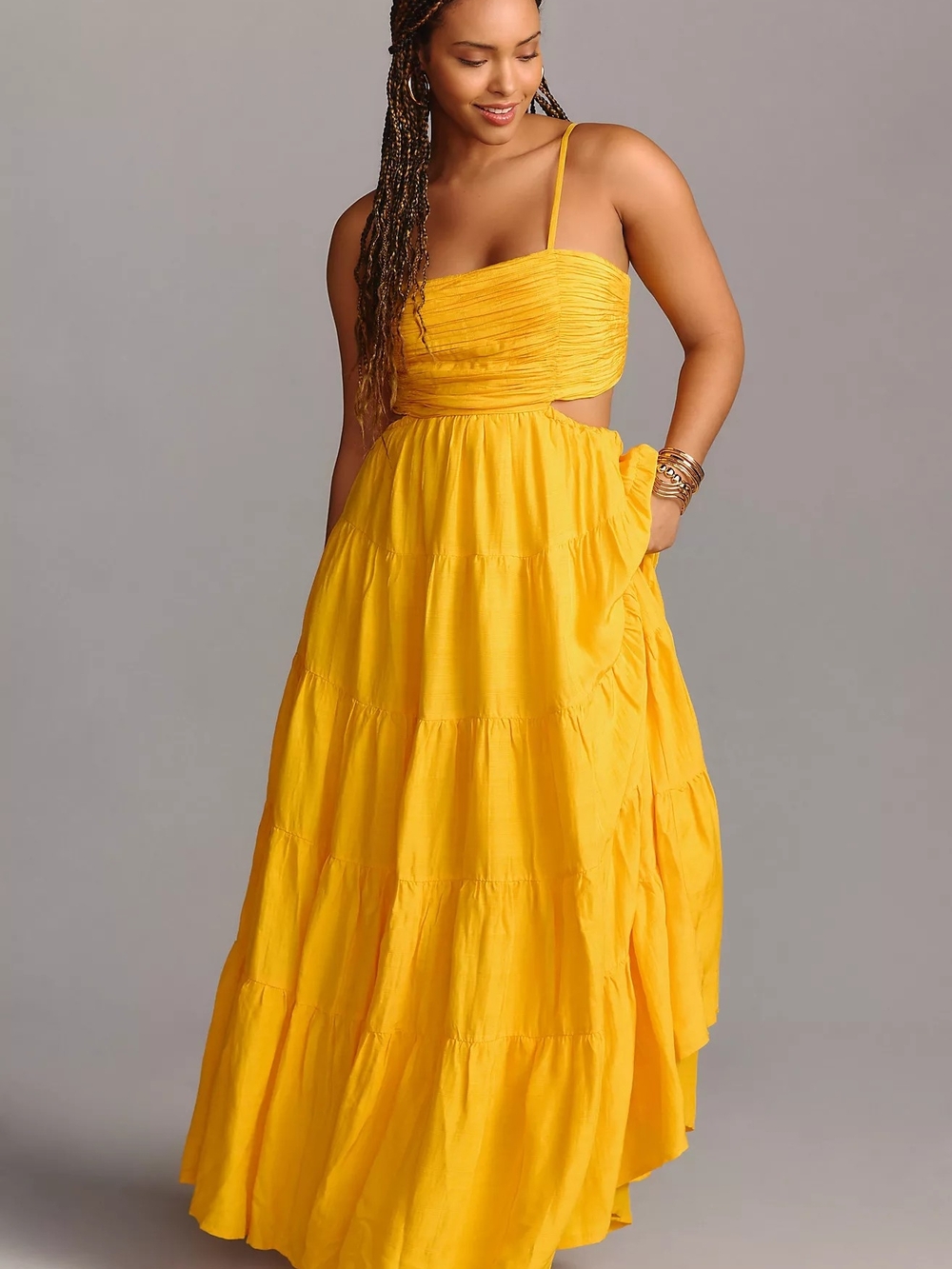 Anthropologie Let Me Be Golden Yellow Ruched Tiered Maxi Dress